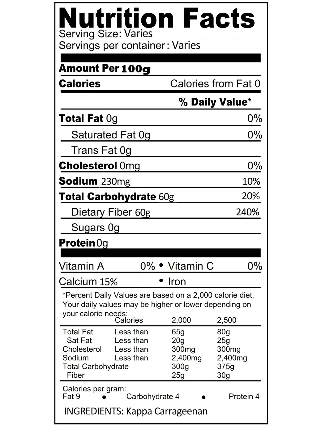 Premium Kappa Carrageenan Powder 2-oz. By Cape Crystal Nutritional Label